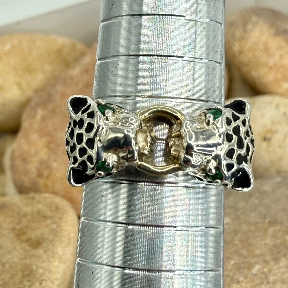 JED Joseph DeMarco Double Panther Ring 925 Sterling Genuine Emerald Eyes Sz 8 - Picture 9 of 16